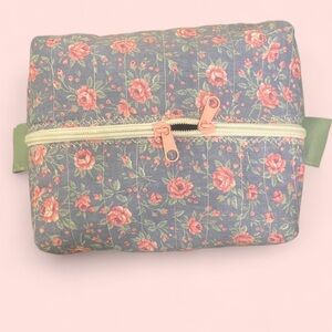 Floral Quilted Cosmetic Bag with Pink Accents